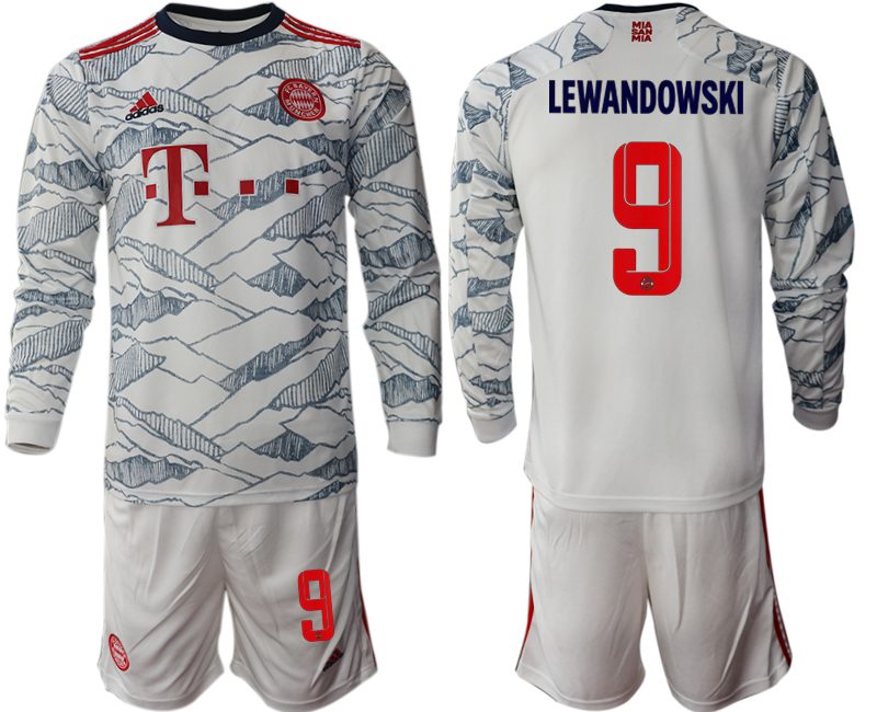 Men 2021-2022 Club Bayern Munich Second away white Long Sleeve #9 Soccer Jersey->bayern munich jersey->Soccer Club Jersey